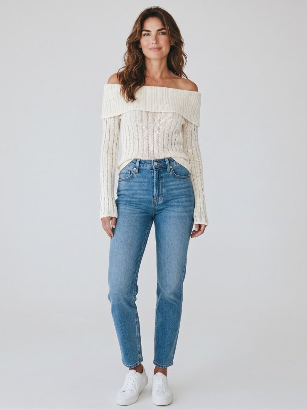 WHBM Ivory Chunky Knit Off The Shoulder Cowl Neck Sweater
